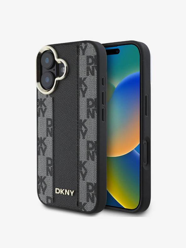DKNY DKNY PU usnje s šahiranim vzorcem Magsafe hrbtni ovitek za iPhone 16 Plus črn