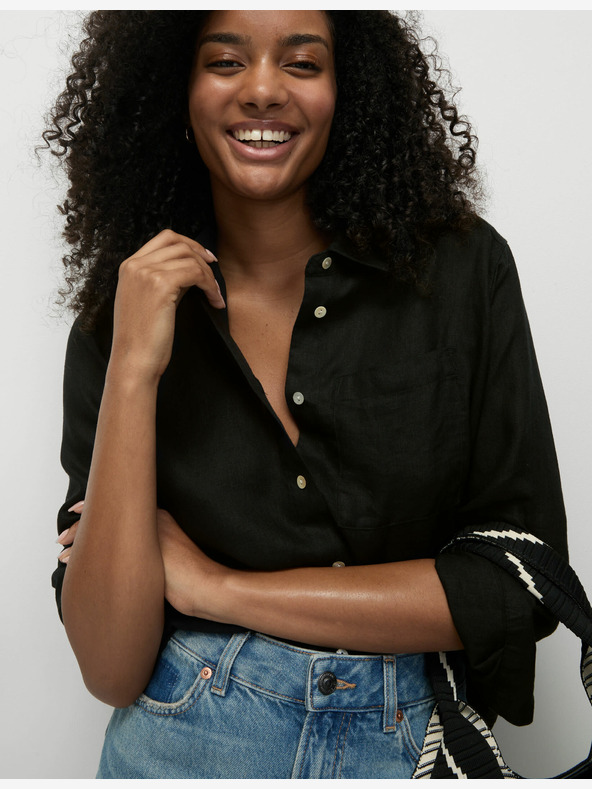 Marks & Spencer Oversized dekliška srajca z ovratnikom iz čistega lanu Marks & Spencer črna