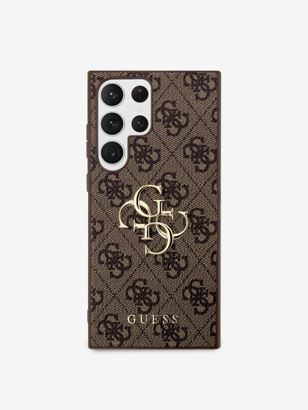 Guess Guess PU 4G kovinski logotip zadnji pokrov za Samsung Galaxy S23 Ultra Brown