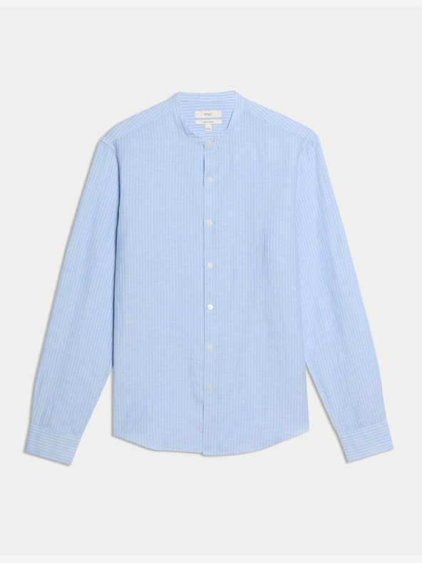 Marks & Spencer Črtasta srajca brez ovratnika, visoka platnena Marks & Spencer modra