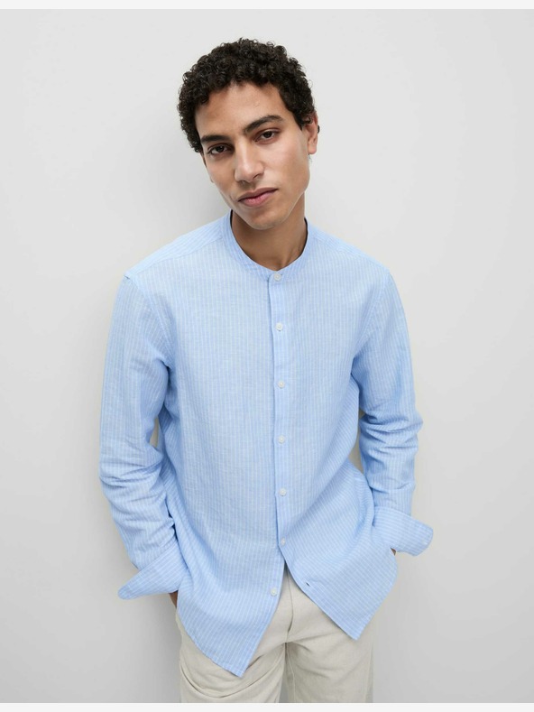 Marks & Spencer Črtasta srajca brez ovratnika, visoka platnena Marks & Spencer modra