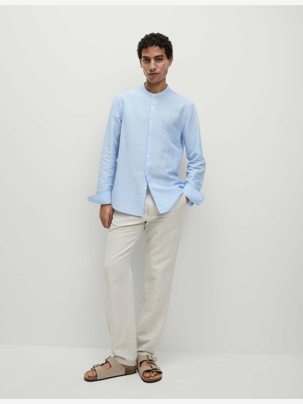 Marks & Spencer Črtasta srajca brez ovratnika, visoka platnena Marks & Spencer modra