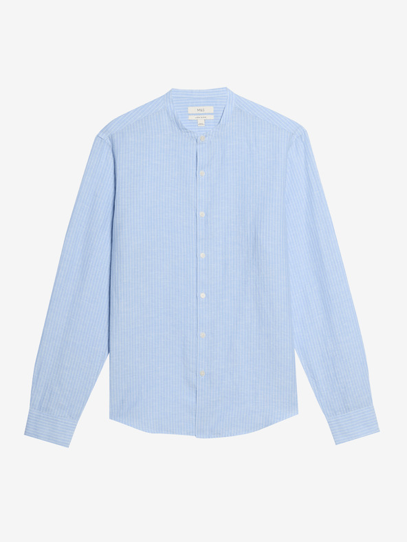 Marks & Spencer Črtasta srajca brez ovratnika, visoka platnena Marks & Spencer modra