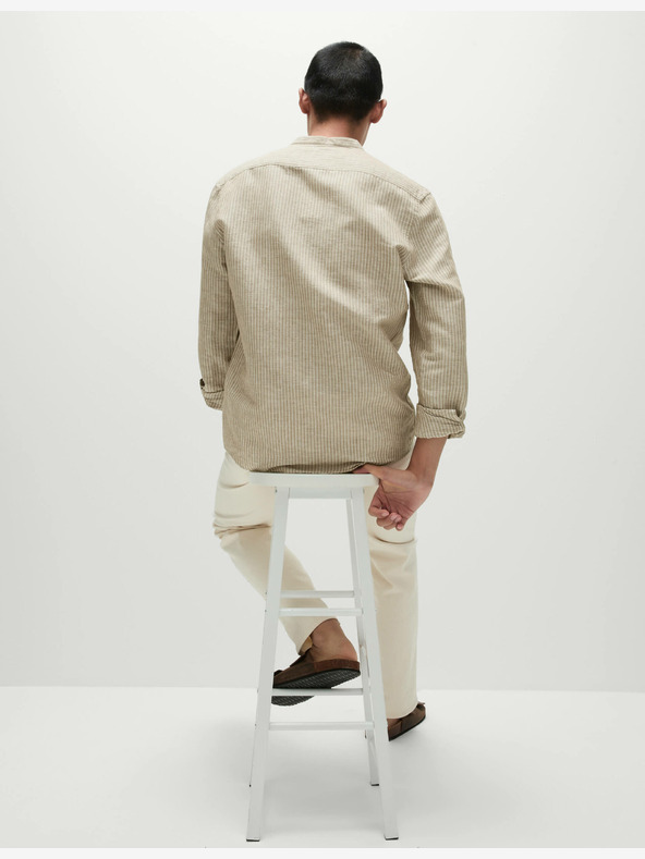 Marks & Spencer Črtasta srajca brez ovratnika, visoko platnena Marks & Spencer bež