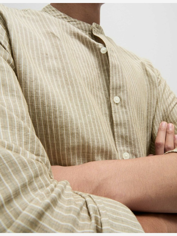 Marks & Spencer Črtasta srajca brez ovratnika, visoko platnena Marks & Spencer bež
