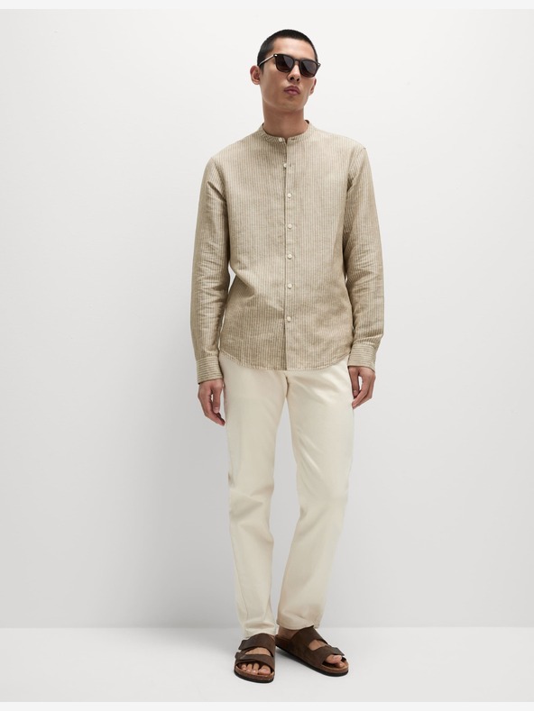 Marks & Spencer Črtasta srajca brez ovratnika, visoko platnena Marks & Spencer bež