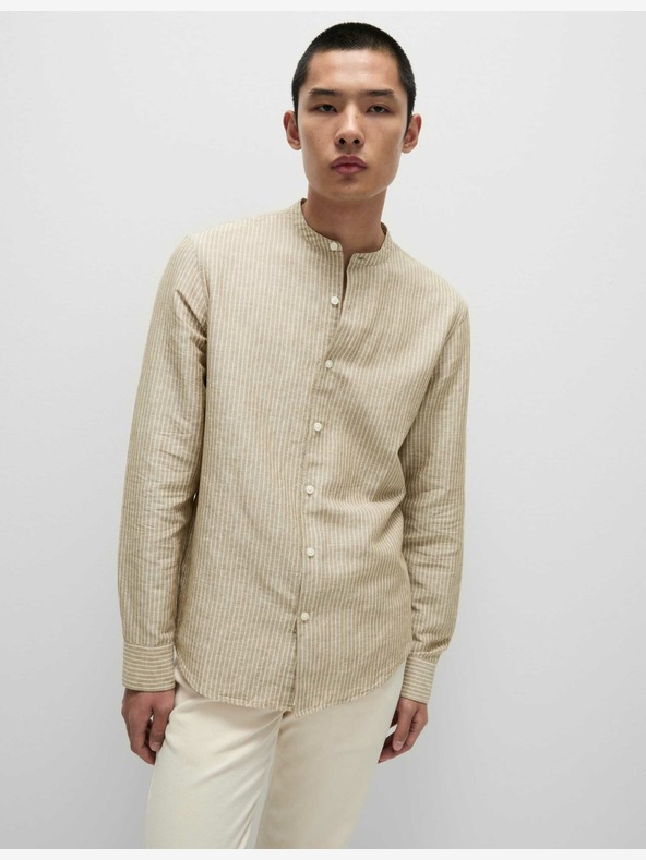 Marks & Spencer Črtasta srajca brez ovratnika, visoko platnena Marks & Spencer bež