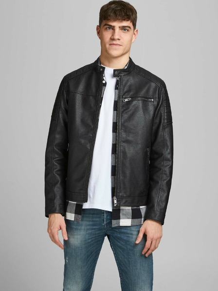 Jack & Jones Črna usnjena jakna Jack & Jones Rocky