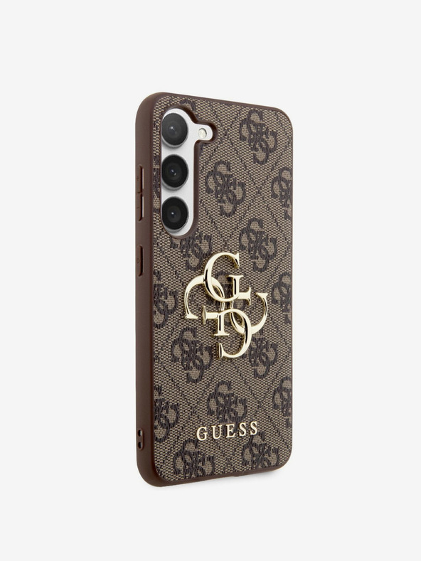 Guess Guess PU 4G kovinski logotip hrbtnega pokrova za Samsung Galaxy S23 Brown
