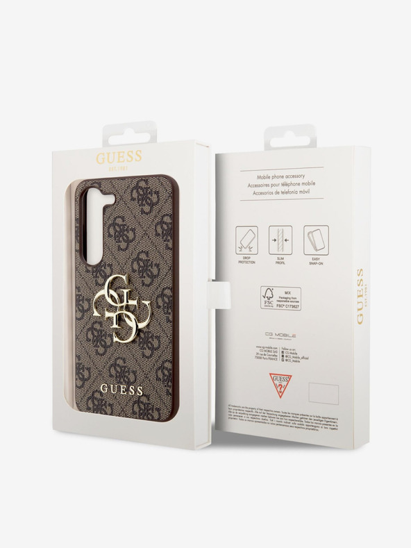 Guess Guess PU 4G kovinski logotip hrbtnega pokrova za Samsung Galaxy S23 Brown