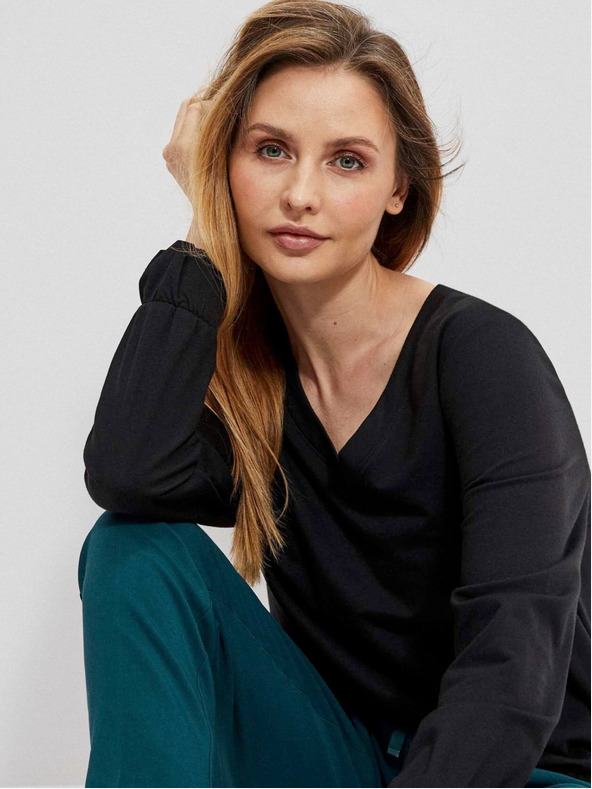 Moodo Črna ženska majica z V-izrezom Moodo