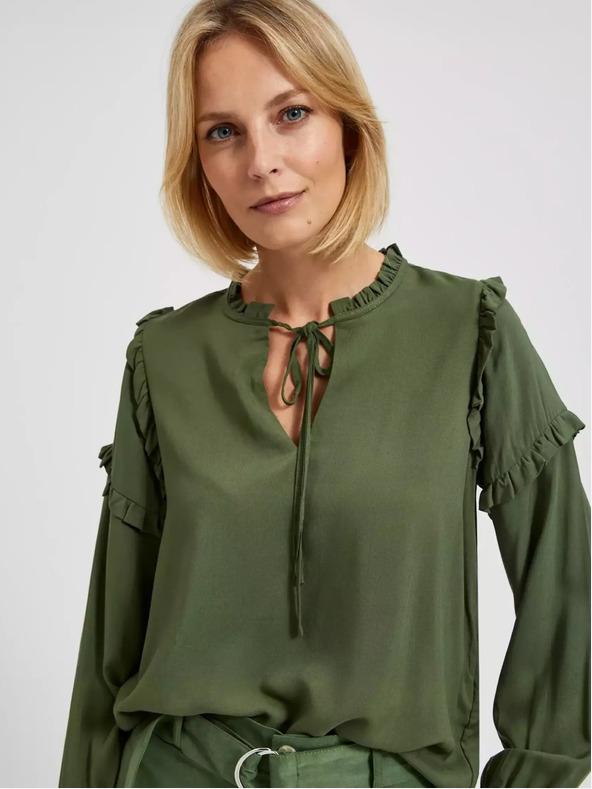 Moodo Kaki bluza z volančki na rokavih Moodo