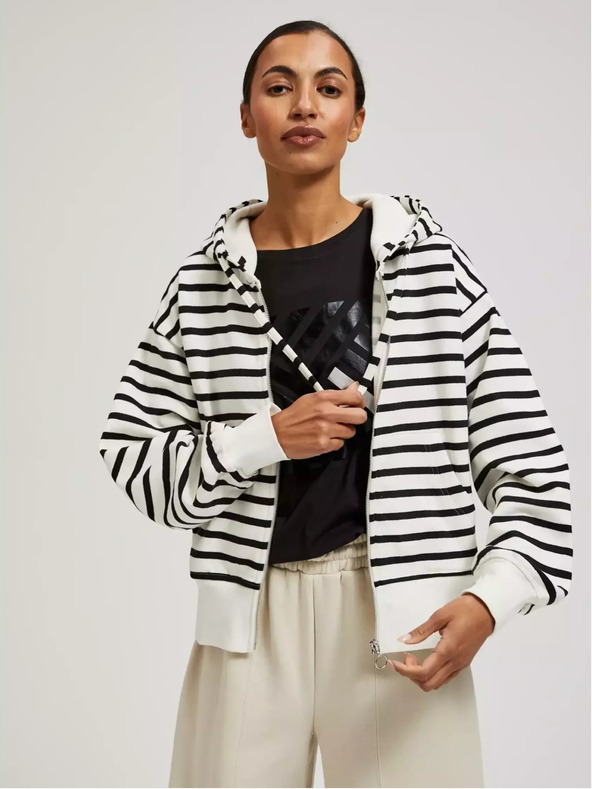 Moodo Črno-bela kapuca s tankimi črtami in zadrgo Moodo