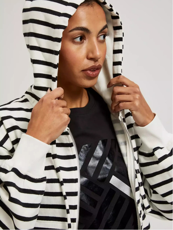 Moodo Črno-bela kapuca s tankimi črtami in zadrgo Moodo