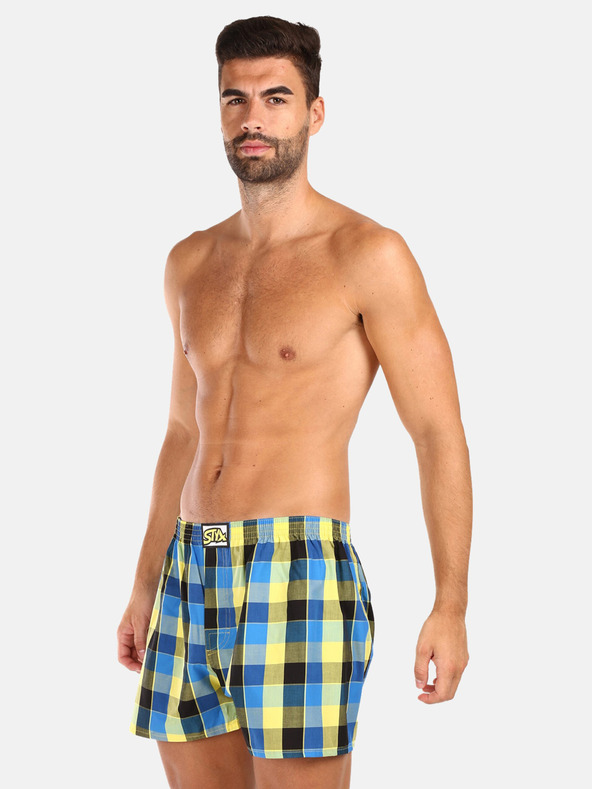 Styx Komplet treh moških karirastih kratkih hlač v svetlo zeleni, rumeni in modri barvi STYX