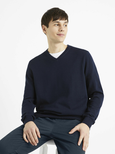 Celio Temno moder moški osnovni pulover Celio Decotonv