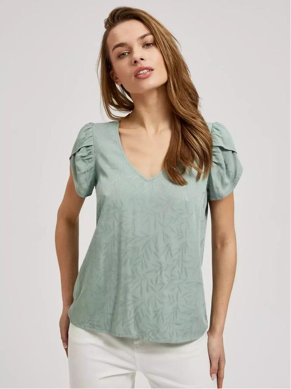 Moodo Zelena majica z V-izrezom in nabranimi rokavi Moodo