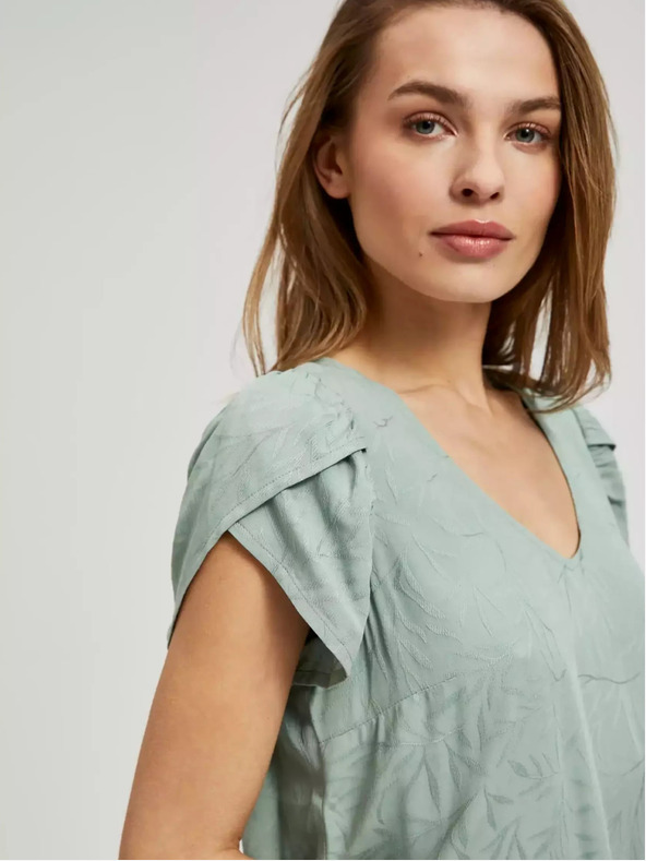 Moodo Zelena majica z V-izrezom in nabranimi rokavi Moodo