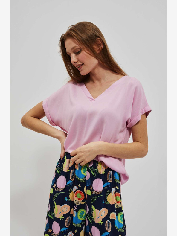 Moodo Roza majica z izrezom v obliki črke V Moodo