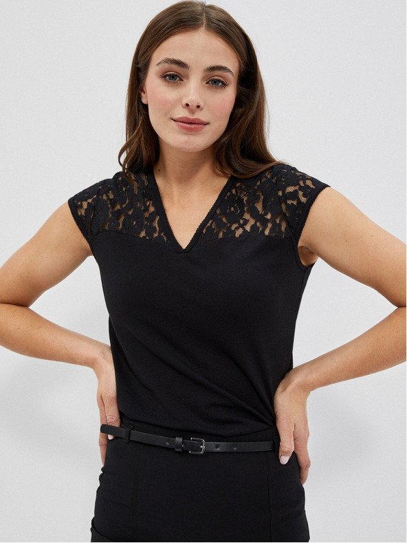 Moodo Črna majica z V-izrezom in čipko Moodo