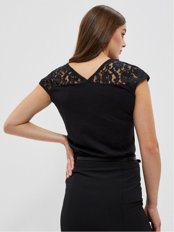 Moodo Črna majica z V-izrezom in čipko Moodo