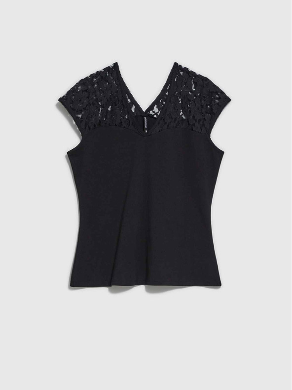 Moodo Črna majica z V-izrezom in čipko Moodo