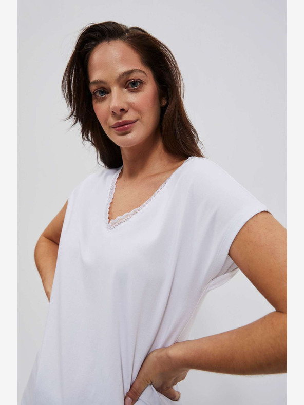 Moodo Bela ženska majica z V-izrezom in čipko Moodo