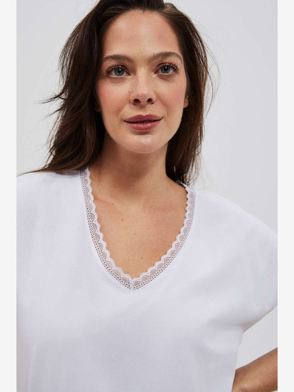 Moodo Bela ženska majica z V-izrezom in čipko Moodo