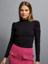 Moodo Črna ženska rebrasta bluza s puhastimi rokavi in rolojem Moodo