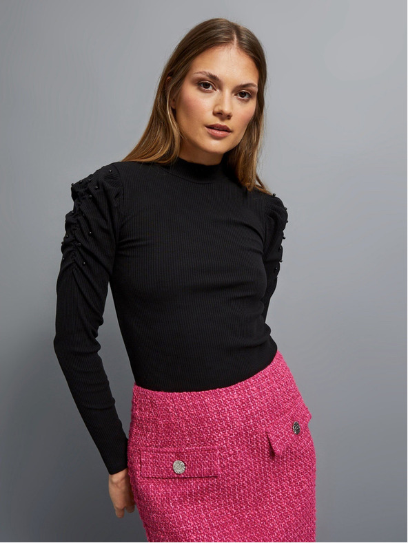 Moodo Črna ženska rebrasta bluza s puhastimi rokavi in rolojem Moodo