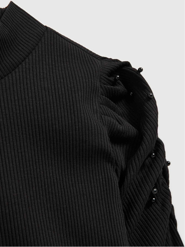 Moodo Črna ženska rebrasta bluza s puhastimi rokavi in rolojem Moodo