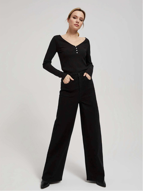 Moodo Črna ženska rebrasta srajca z gumbi Moodo