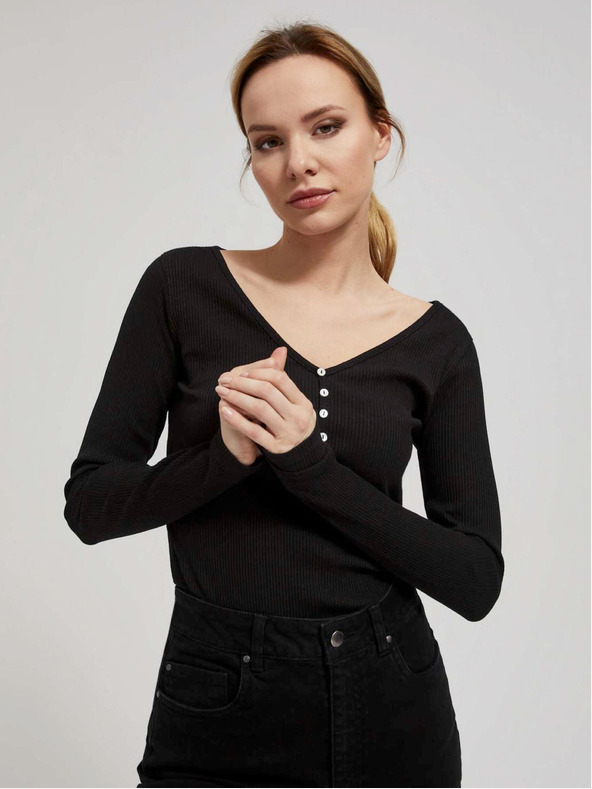 Moodo Črna ženska rebrasta srajca z gumbi Moodo