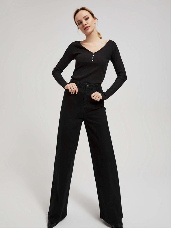 Moodo Črna ženska rebrasta srajca z gumbi Moodo