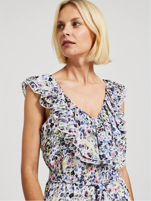 Moodo Modra cvetlična obleka z volančki na dekolteju Moodo