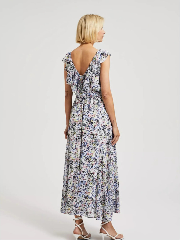 Moodo Modra cvetlična obleka z volančki na dekolteju Moodo