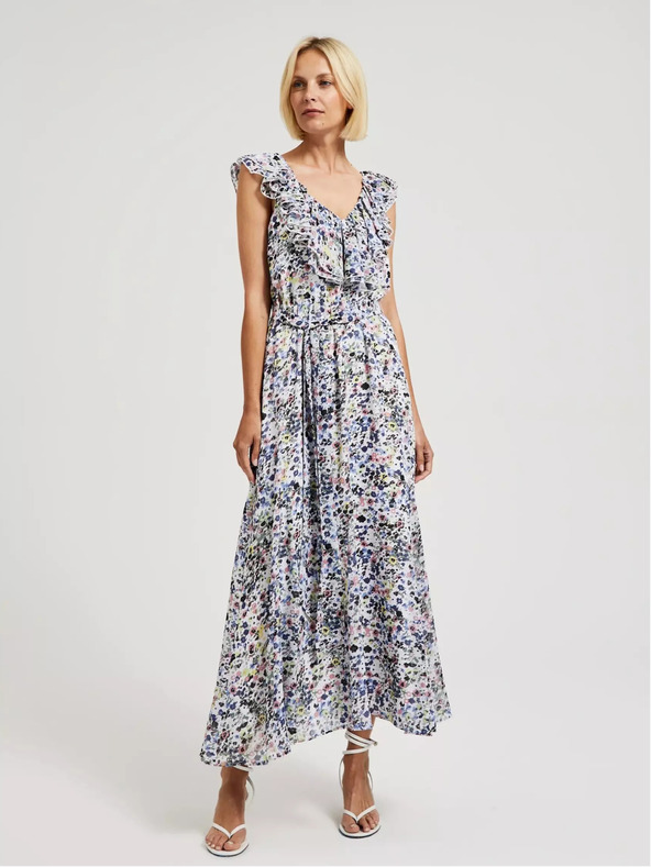 Moodo Modra cvetlična obleka z volančki na dekolteju Moodo