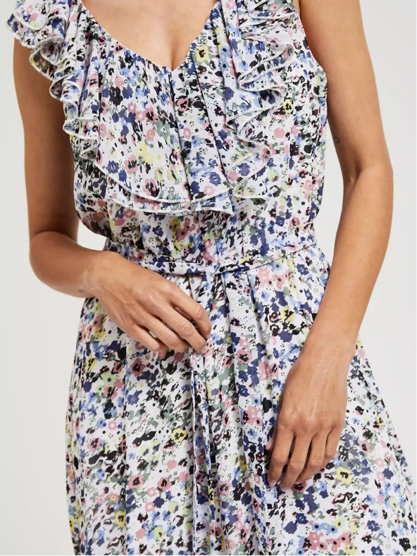 Moodo Modra cvetlična obleka z volančki na dekolteju Moodo