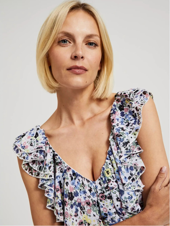 Moodo Modra cvetlična obleka z volančki na dekolteju Moodo