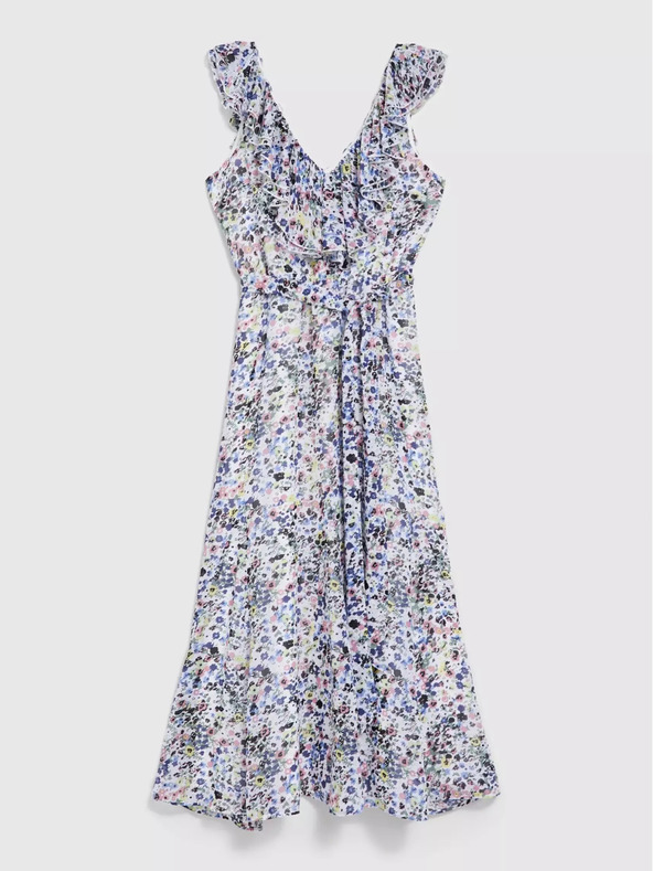 Moodo Modra cvetlična obleka z volančki na dekolteju Moodo