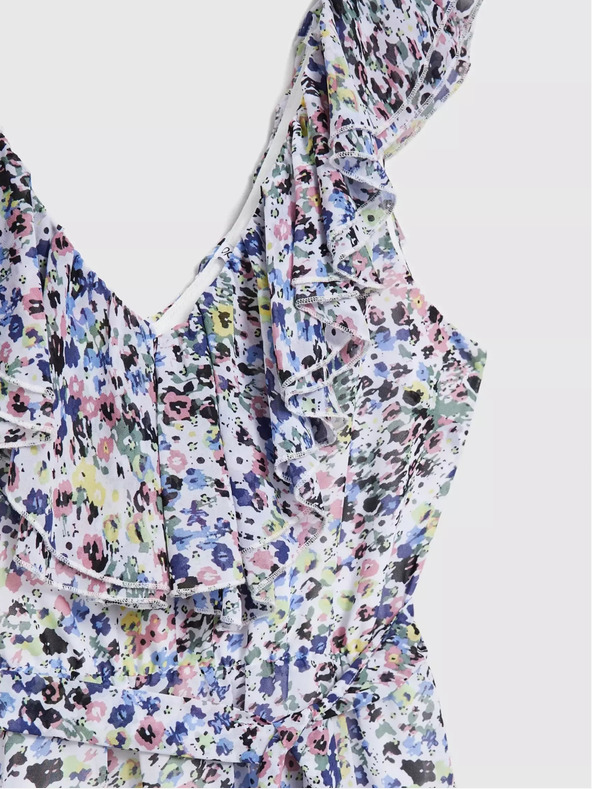 Moodo Modra cvetlična obleka z volančki na dekolteju Moodo