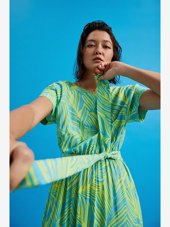 Moodo Turkizna obleka z zavezanim pasom Moodo