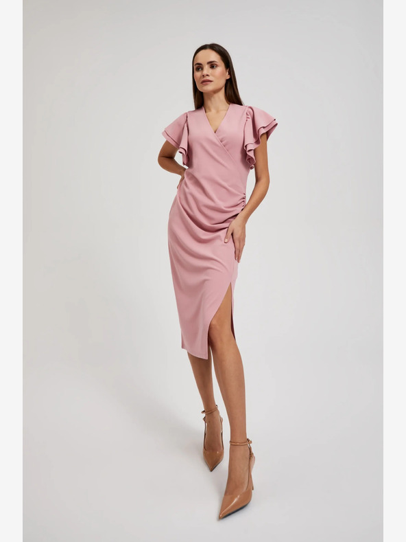 Moodo Roza obleka z volančki na rokavih Moodo