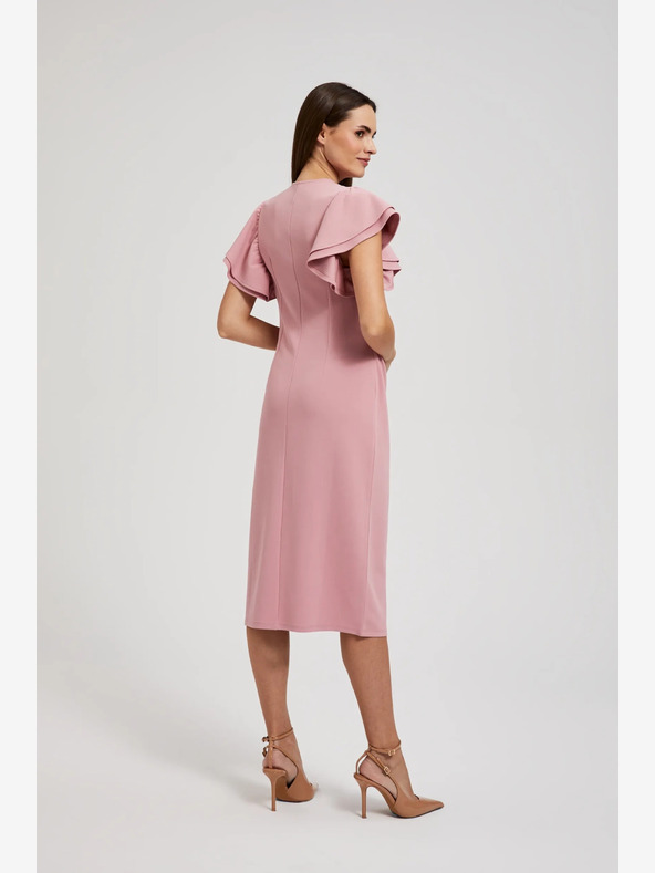 Moodo Roza obleka z volančki na rokavih Moodo