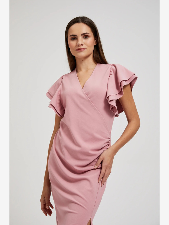 Moodo Roza obleka z volančki na rokavih Moodo