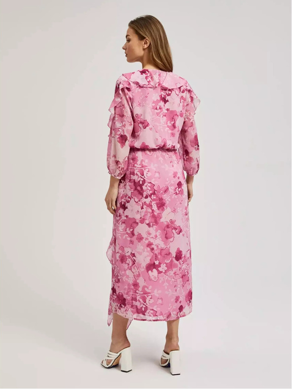 Moodo Rožnata cvetlična obleka z volančki Moodo