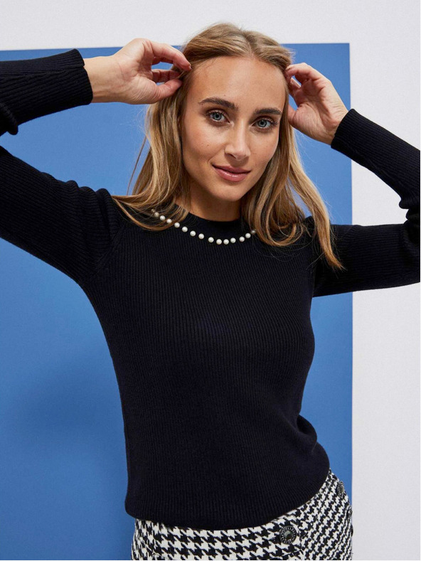 Moodo Črn ženski pulover z biseri Moodo
