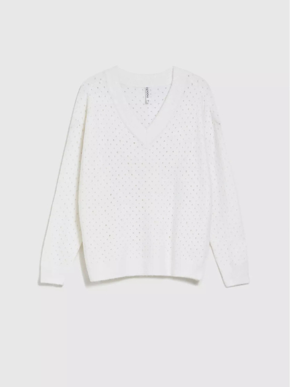 Moodo Beli pulover Moodo z odprtim vratom v obliki črke V