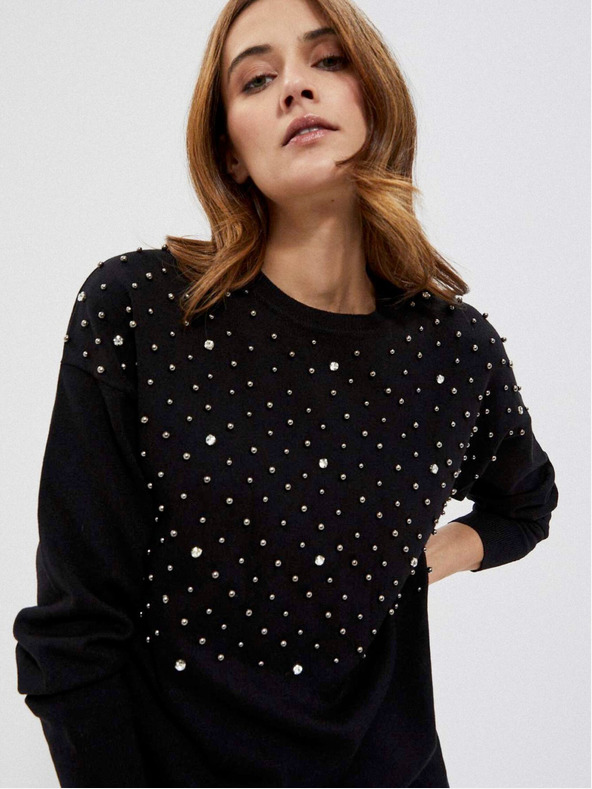 Moodo Črn ženski pulover s perlicami Moodo