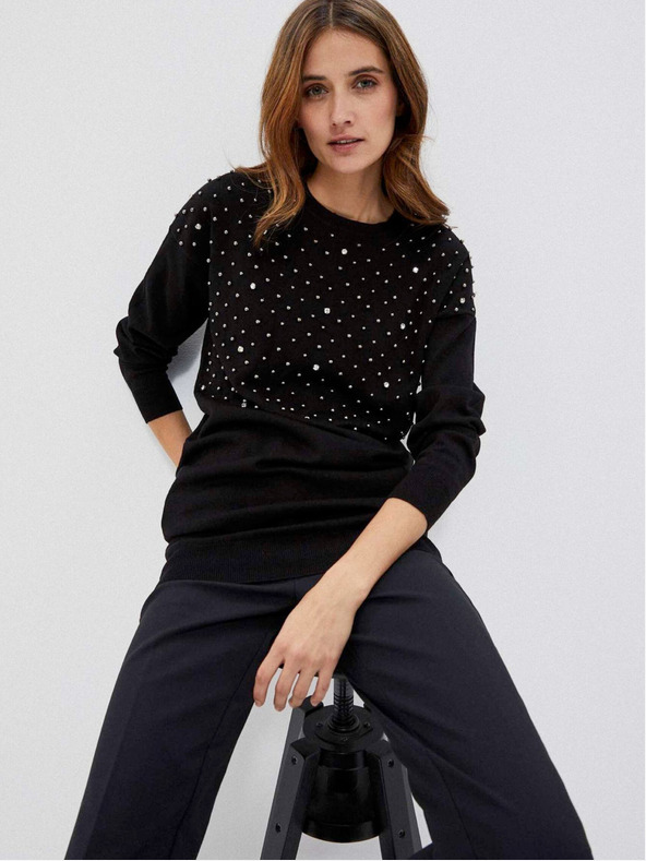 Moodo Črn ženski pulover s perlicami Moodo